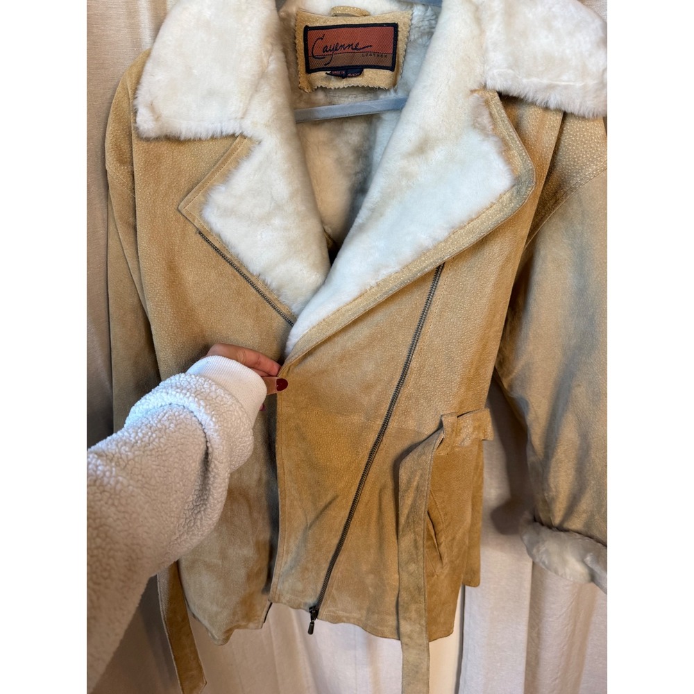 Y2K Vtg Leather Fur Trim Tan Suede Belted Jacket Coat Small‎ - Picture 5 of 7